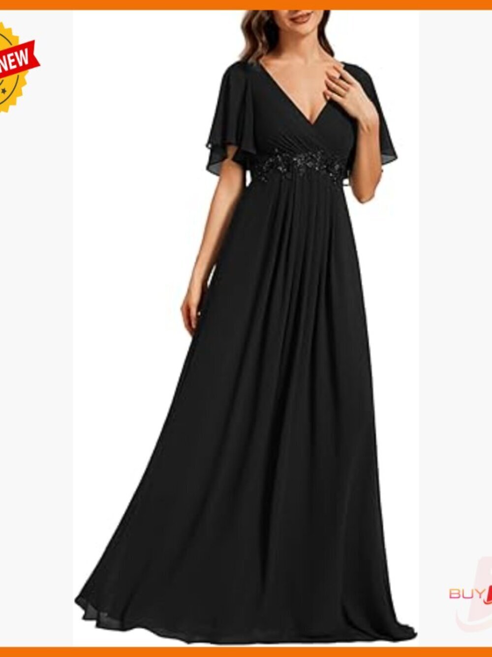 Short Sleeve V-Neck Chiffon Formal Dress Empire Waist Appliques Long